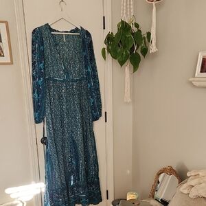 Free People Teal Floral Long Sleeve Dress